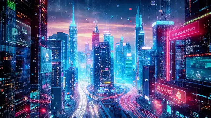 Ciudad futurista, datos y vibrante energía