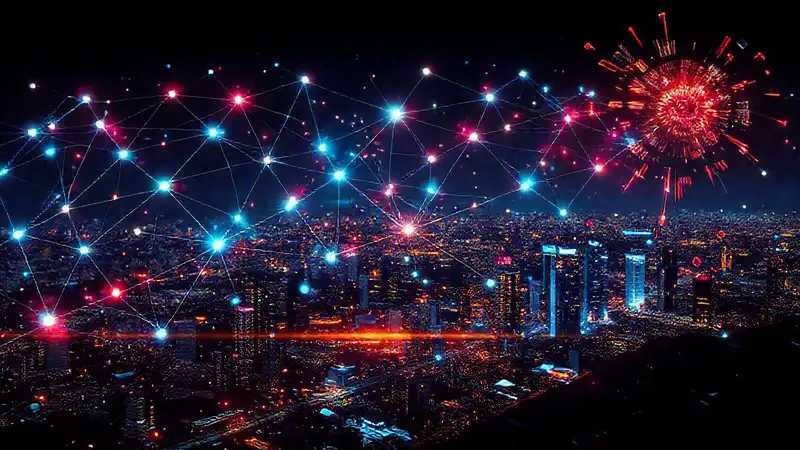 Red digital vibrante y futurista explota