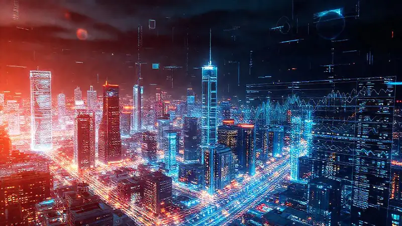 Una ciudad futurista analiza datos con esperanza
