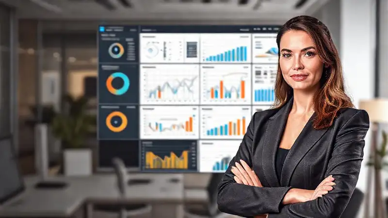 Una mujer profesional visualiza datos clave
