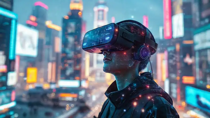 Ciudad futurista, tecnología inmersiva y colorida