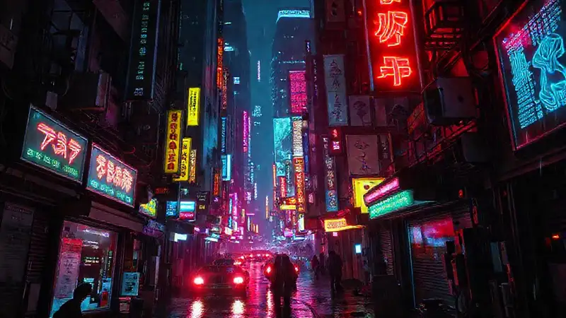Ciudad cyberpunk vibrante y digitalmente turbulenta