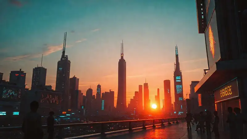 Ciudad futurista, atardecer, paz digital