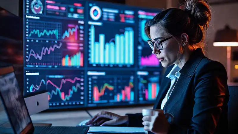 Una empresaria analiza datos nocturnamente