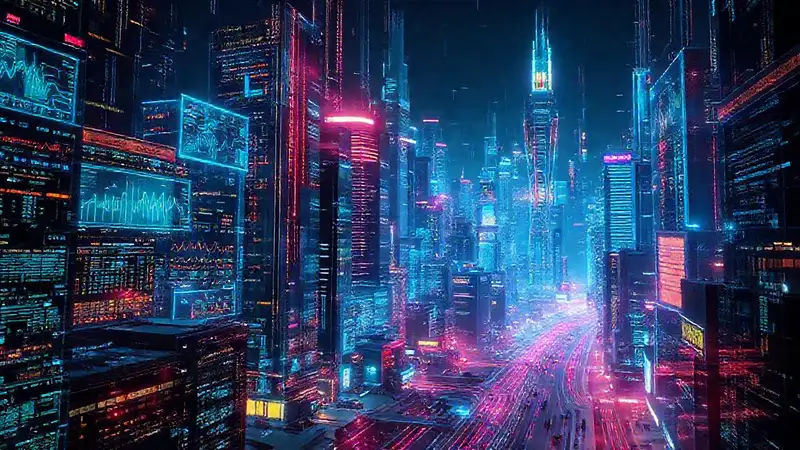 Ciudad futurista, datos y colores vibrantes