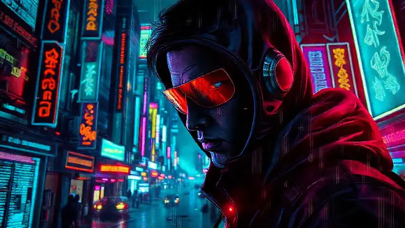 Ciudad cyberpunk vibrante, hacker concentrado y tecnológico