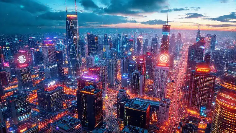 Ciudad futurista digitalmente brillante e interconectada