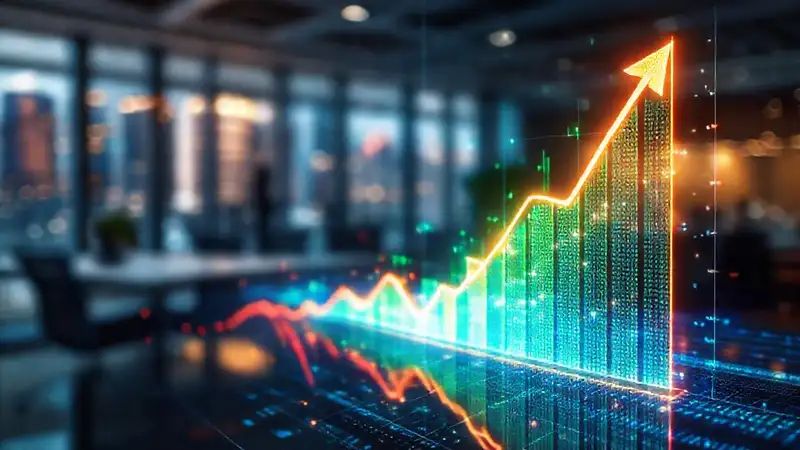 Gráfico financiero digital, ascendente y vibrante