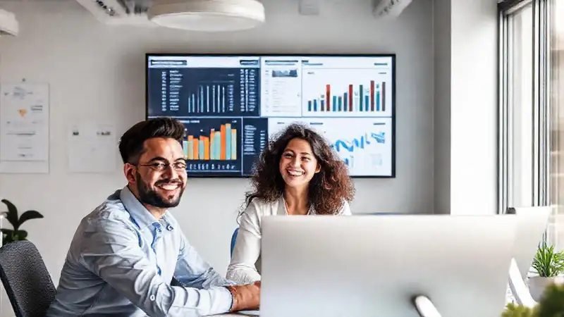 Un equipo feliz analiza datos exitosos