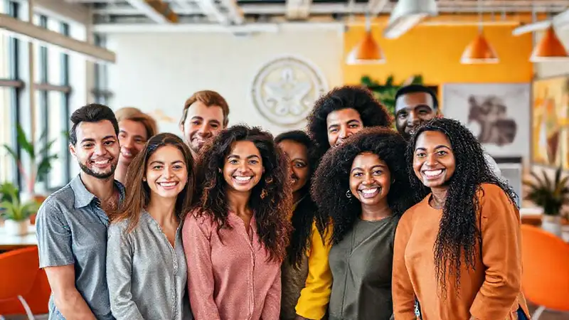 Equipo diverso y feliz transmite marca